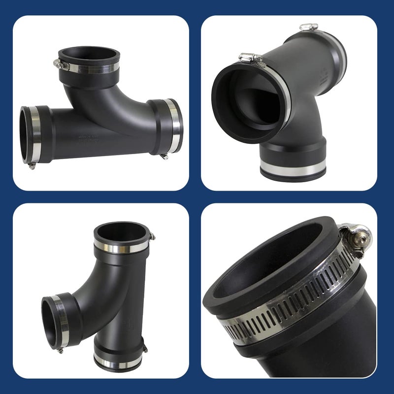 SUPPLYGIANT Supply Giant 6I7I Flexible Tee Coupling with Stainless Steel Clamps, 3.5" Inner diameter for 3" Nominal Pipe, Black - Image 4